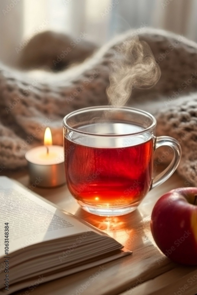 Apple Cider: A cozy setting with a steaming cup of apple cider placed on a wooden table beside an open book, a woolen blanket, and a lit candle. Apple Cider: A cozy setting with a steaming cup of apple cider placed on a wooden table beside an open book, a woolen blanket, and a lit candle.