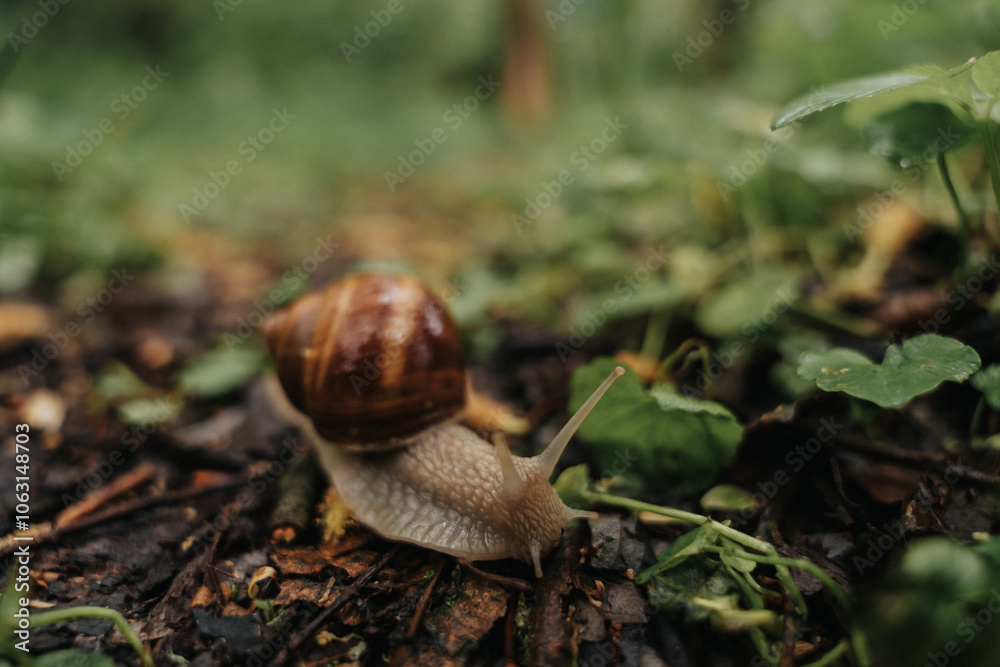A lonely snail walking through the green forest in rainy weather. Molluscs with a shell called Gastropoda in the wild A lonely snail walking through the green forest in rainy weather. Molluscs with a shell called Gastropoda in the wild
