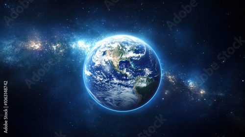 Earth in Outer Space with Galaxy Background 