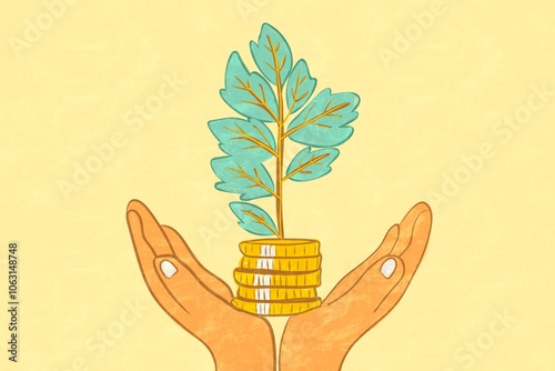 Hands holding a tree growing on coins, concept illustration