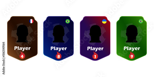 Set of four soccer player cards with flags and level icons. Vector template for game profiles and collectibles.