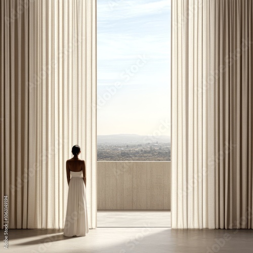 A serene figure stands before large curtains, gazing at a distant landscape.