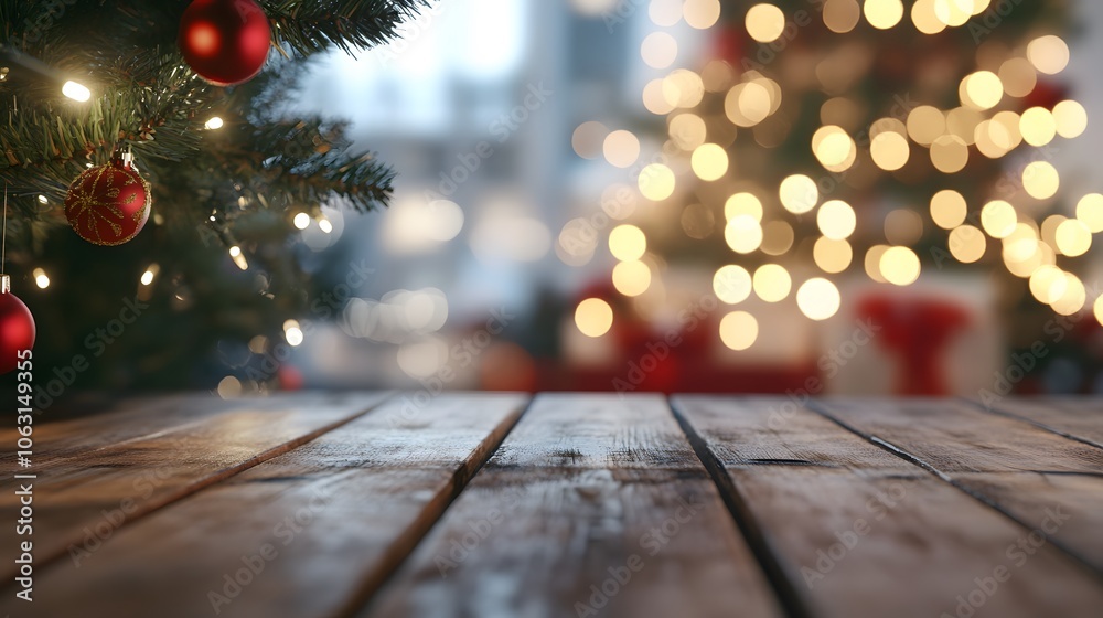 Wooden Tabletop with Blurred Christmas Tree and Lights in Background Wooden Tabletop with Blurred Christmas Tree and Lights in Background