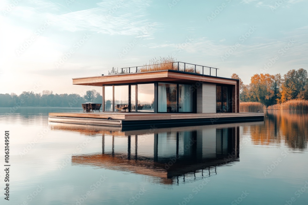 A contemporary wooden house with a rooftop terrace floats on a still lake, surrounded by trees, highlighting sustainability and escape in a harmonious setting. A contemporary wooden house with a rooftop terrace floats on a still lake, surrounded by trees, highlighting sustainability and escape in a harmonious setting.