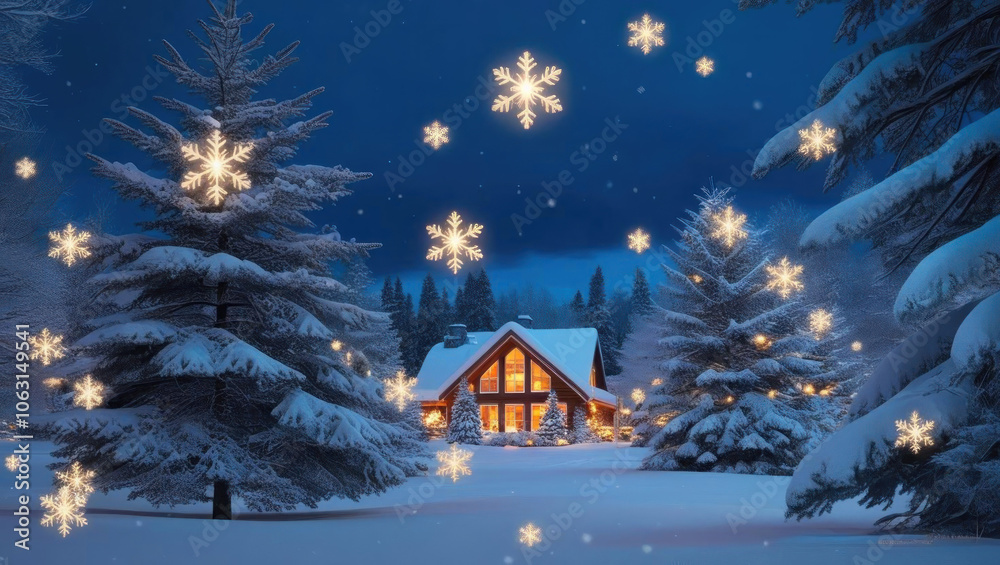 Fototapeta premium cozy cabin surrounded by snow covered trees, illuminated by warm lights, creates magical winter scene with falling snowflakes
