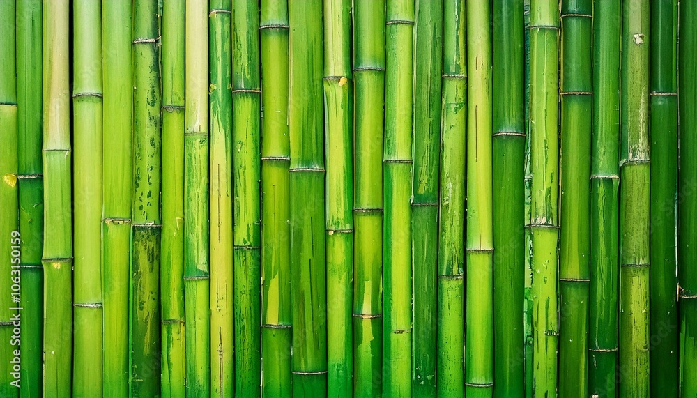 Close-up of vibrant green bamboo stalks aligned vertically, showcasing natural texture and earthy tones, perfect for eco-themed backgrounds.