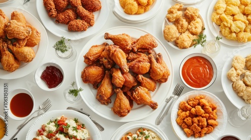 A gourmet-style dining table spread with Popeyes chicken, photo