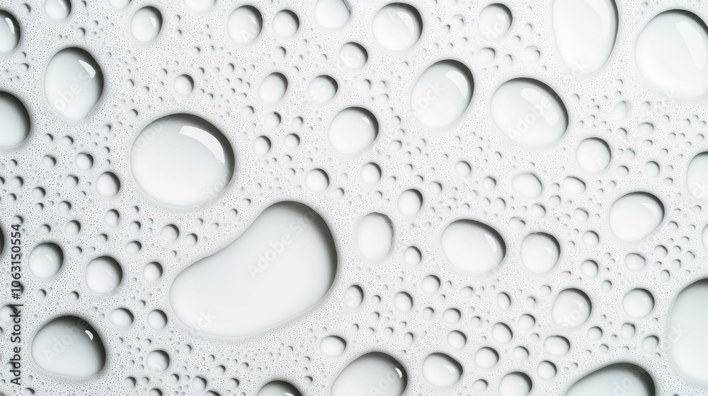 Abstract image showing close-up view of large and small bubbles on a white foamy surface, representing soap or detergent bubbles, with reflective highlights.