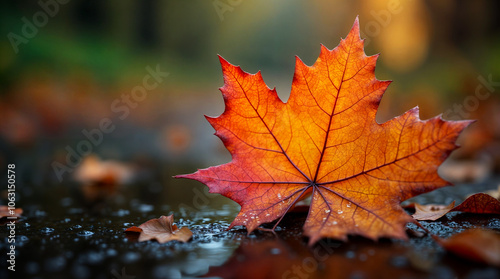 Vibrant Autumn Leaf on Wet Ground with Raindrops, Showcasing Rich Fall Colors and Detailed Texture in a Serene Nature Scene