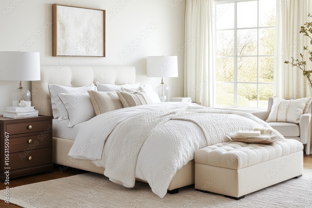 A transitional-style bedroom with a neutral color palette, an upholstered bed with plush bedding, soft curtains, and classic yet modern decor.. A transitional-style bedroom with a neutral color palette, an upholstered bed with plush bedding, soft curtains, and classic yet modern decor..