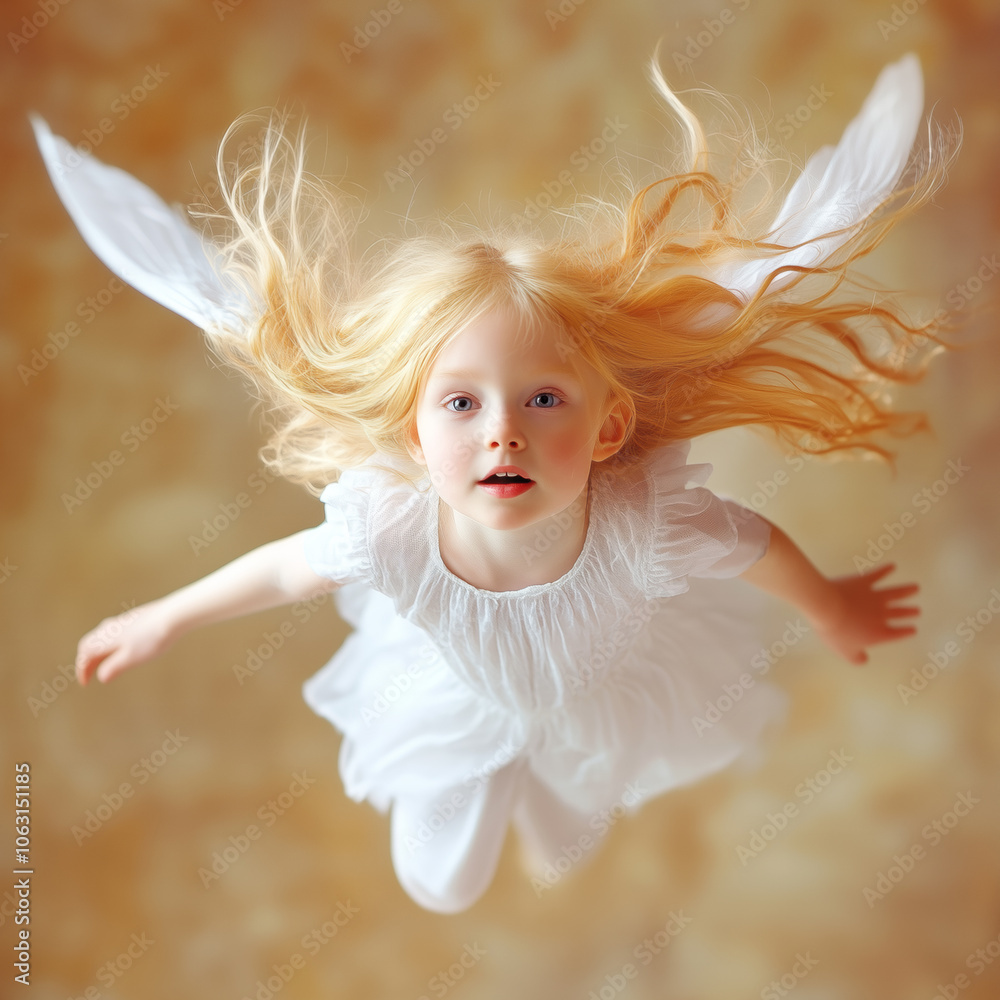 Fototapeta premium A young girl with angelic wings floats gracefully over a golden, whimsical backdrop