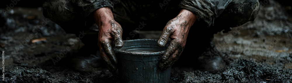 Muddy Hands Reach for a Bucket of Water in a Gloomy Forest Setting Muddy Hands Reach for a Bucket of Water in a Gloomy Forest Setting