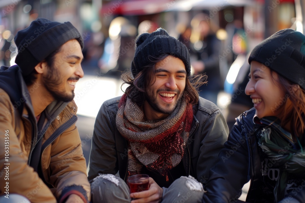 Group of friends walking on the street in New York City, wearing warm clothes. Group of friends walking on the street in New York City, wearing warm clothes.