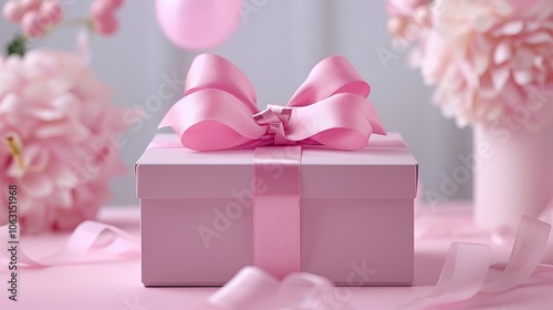 Elegant pastel pink gift box with bow and flowers
