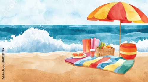 Wallpaper Mural Beach scene with colorful umbrella, snacks, and ocean waves. Torontodigital.ca