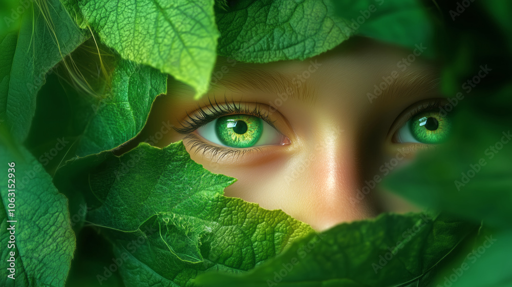 A child peeks through lush green leaves, revealing captivating green eyes in a forest setting A child peeks through lush green leaves, revealing captivating green eyes in a forest setting