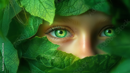 A child peeks through lush green leaves, revealing captivating green eyes in a forest setting photo