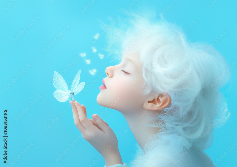 A young girl with white hair softly interacts with a butterfly on a light blue background A young girl with white hair softly interacts with a butterfly on a light blue background