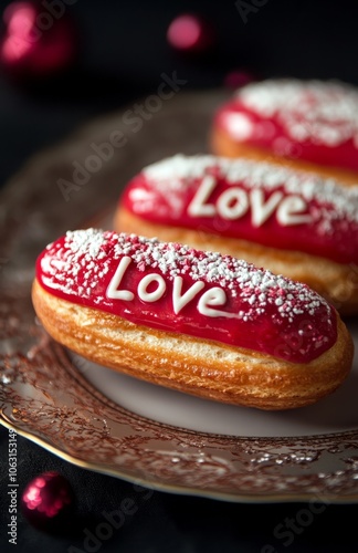 Red and white eclairs with love written on an elegant plate