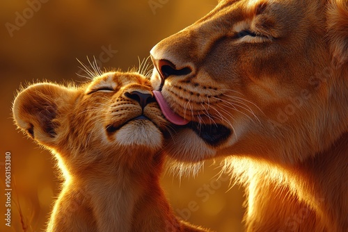 Lioness and Cub Affectionate Moment	 photo