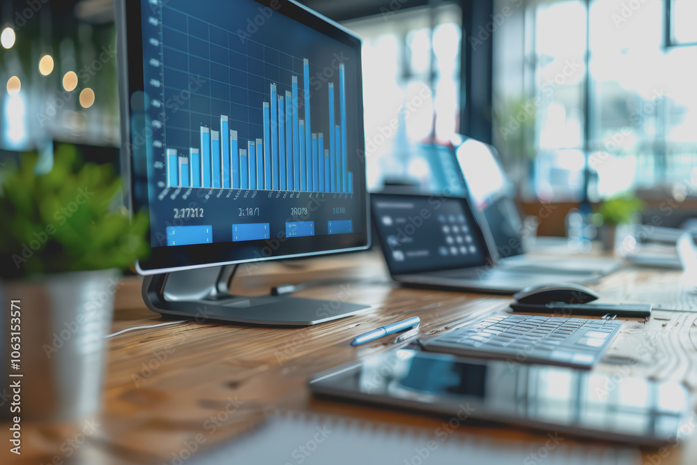 A photo of the Business team, sitting in a meeting, graphs on a monitor board laptop modern office. A photo of the Business team, sitting in a meeting, graphs on a monitor board laptop modern office.
