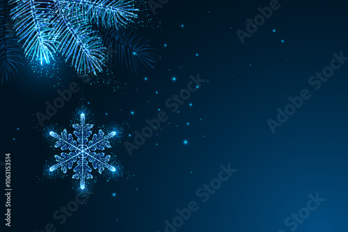 Festive holiday scene with glowing Christmas tree branch and snowflake ornament on blue background.