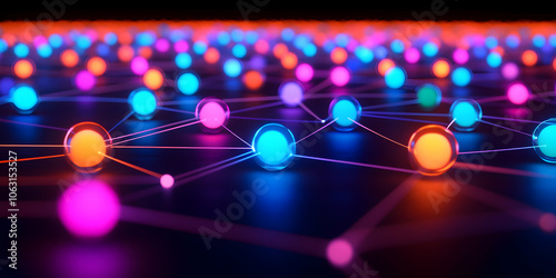3D Render of a Network of Glowing Spheres with Interconnecting Lines in a Dark Setting