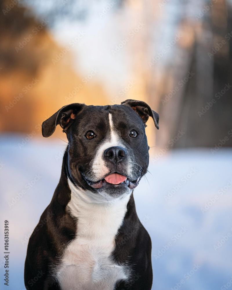 Staffordshire Terrier Portrait, Black and White Dog Staffordshire Terrier Portrait, Black and White Dog