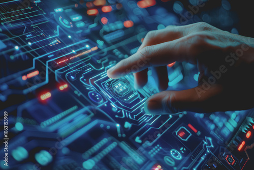 Human hand touching screen chatbot technology AI smart devices cyber security and future internet.