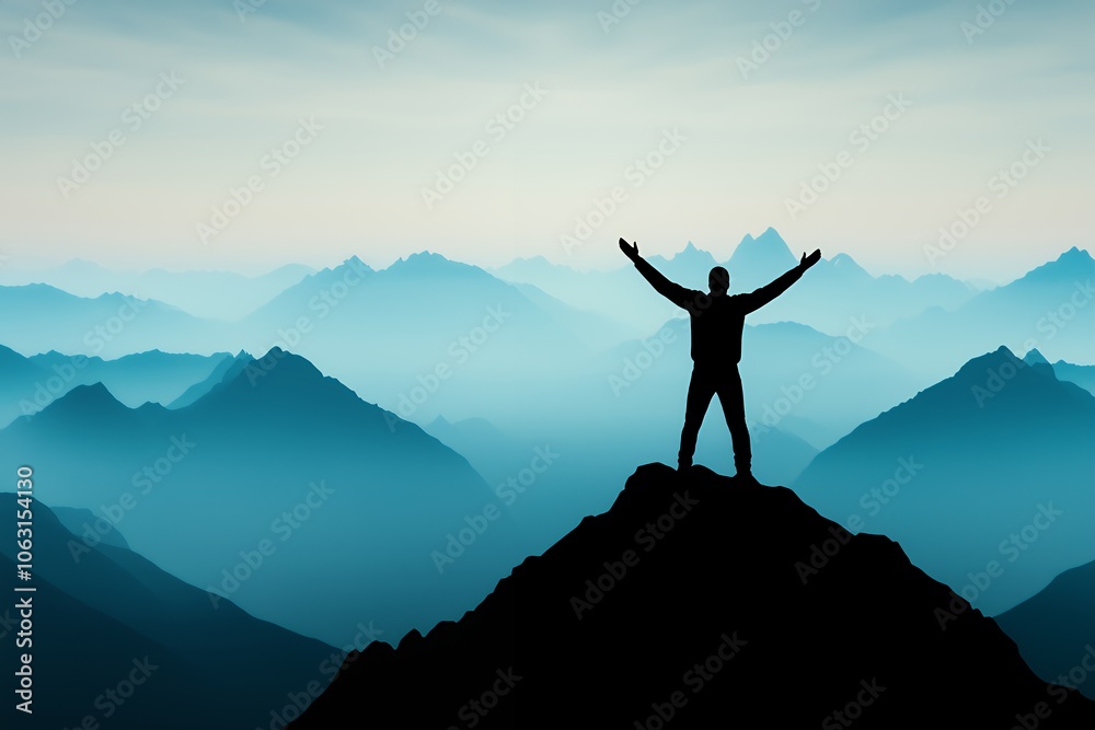 Silhouette of a man standing on a mountain top with his arms raised in victory, overlooking a misty valley. Silhouette of a man standing on a mountain top with his arms raised in victory, overlooking a misty valley.