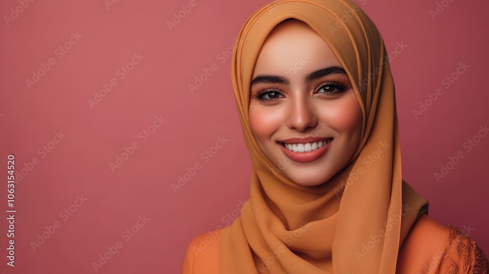 A Muslim woman in a hijab, standing tall with a neutral-colored background