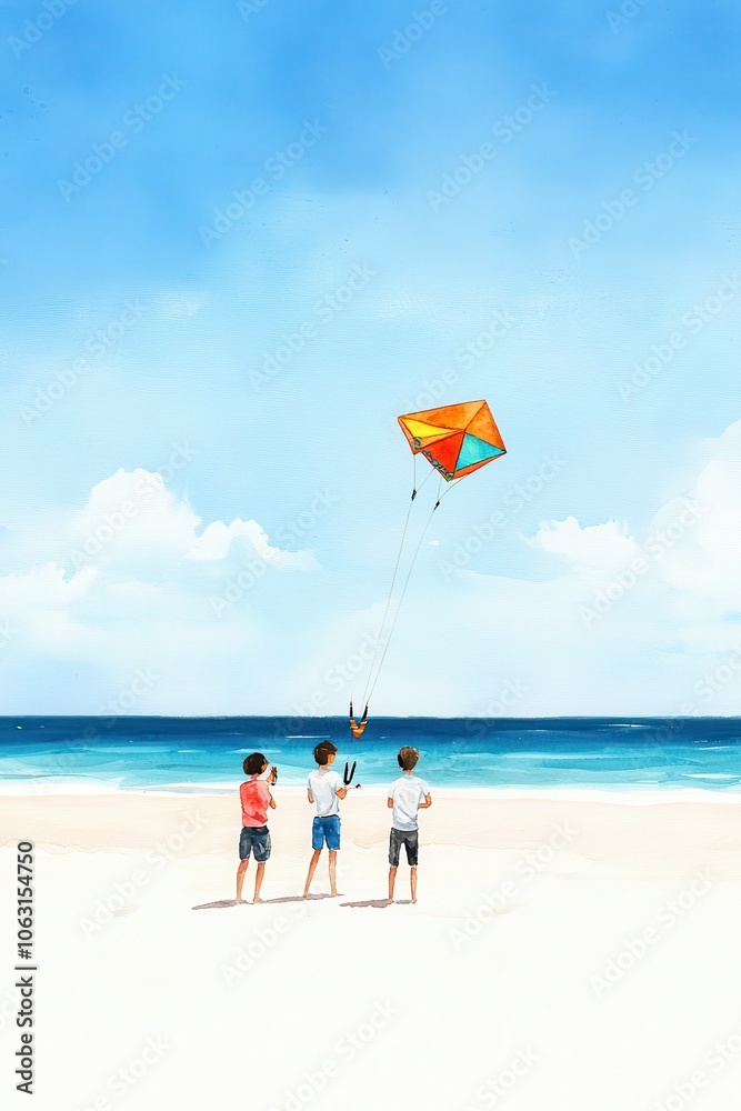 Obraz premium Children enjoying a colorful kite flying on a sunny beach.