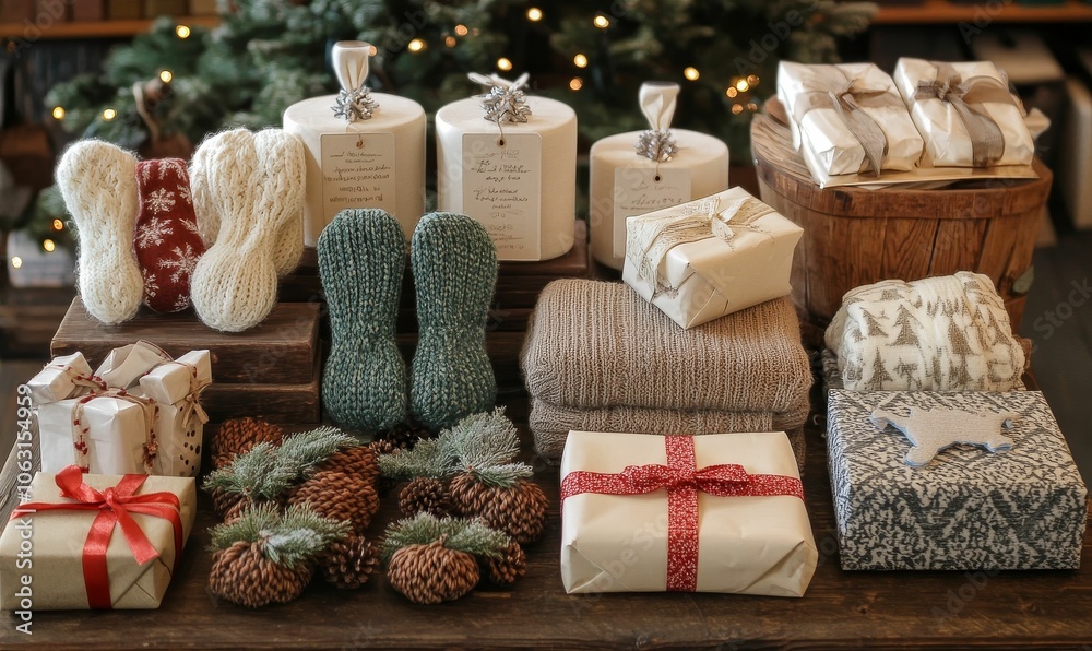 Christmas gifts, pine cones, and blankets. Christmas gifts, pine cones, and blankets.