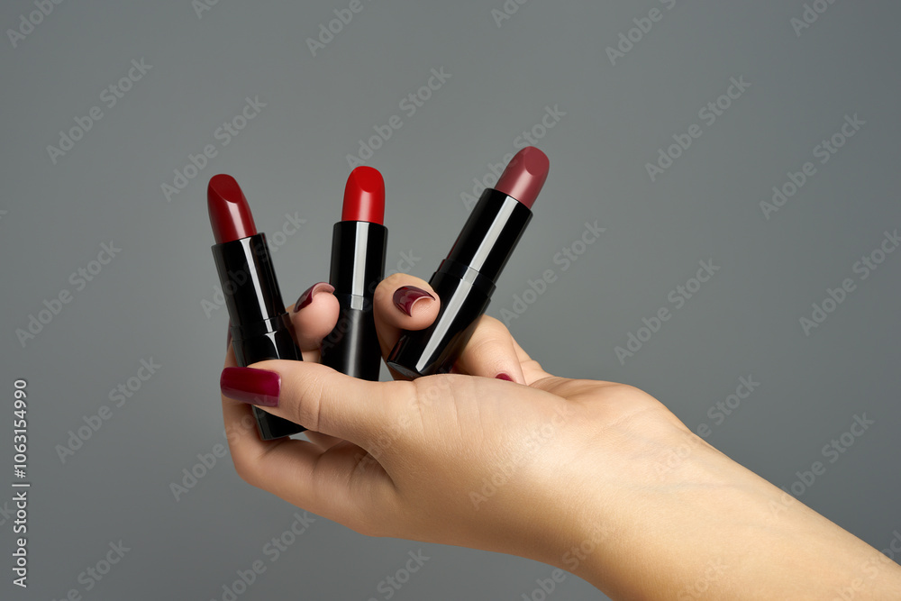 Lipsticks in woman`s hand over gray background Lipsticks in woman`s hand over gray background