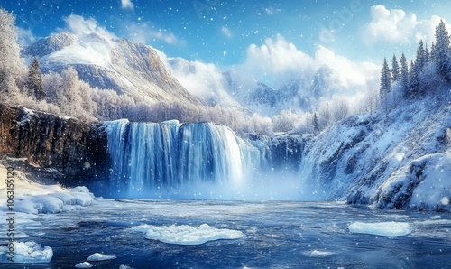 Frozen waterfall in snowy mountain landscape.
