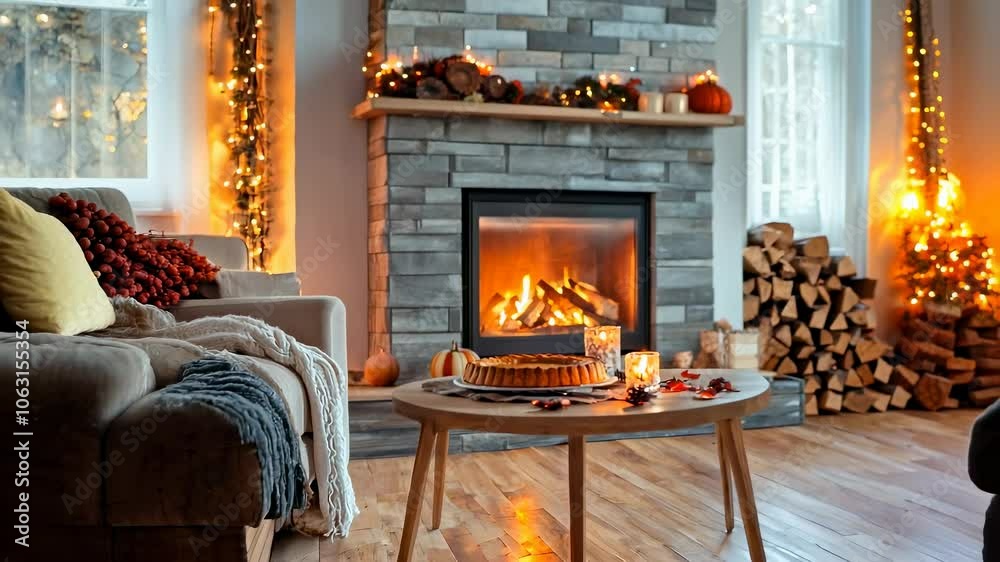 A cozy living room with a fireplace, festive decorations and a pie on the coffee table in a hygge style with soft lighting. A cozy living room with a fireplace, festive decorations and a pie on the coffee table in a hygge style with soft lighting.
