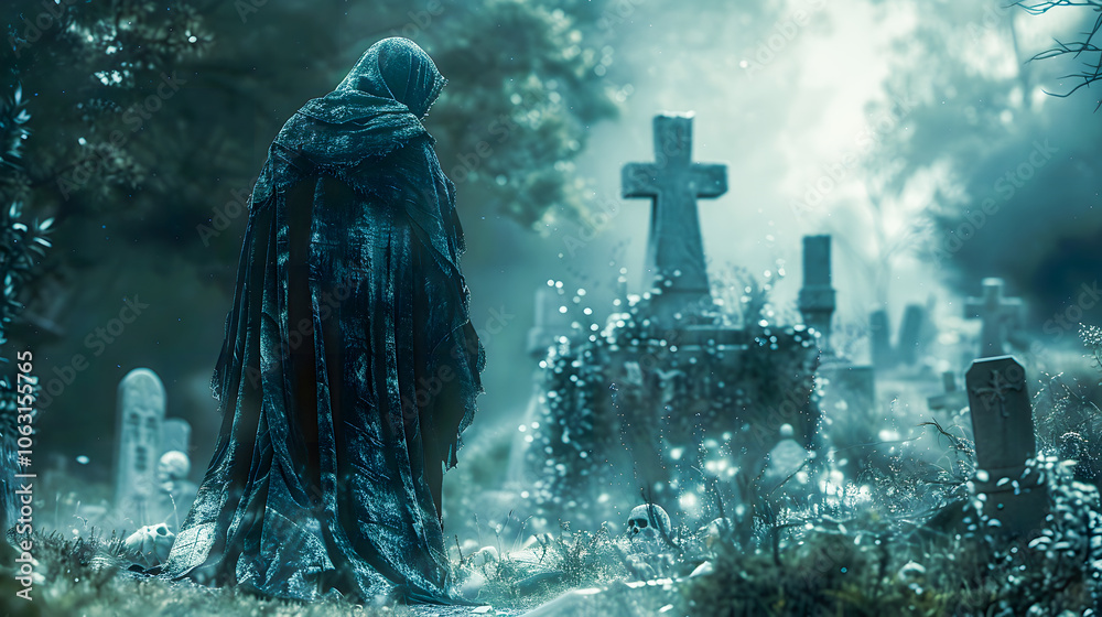 Obraz premium Grim reaper with haunted, creepy graveyard. Digital art