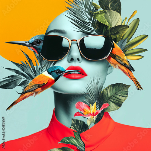 A woman's face with abstract plant elements and birds, blending fashion and nature in a surreal style.