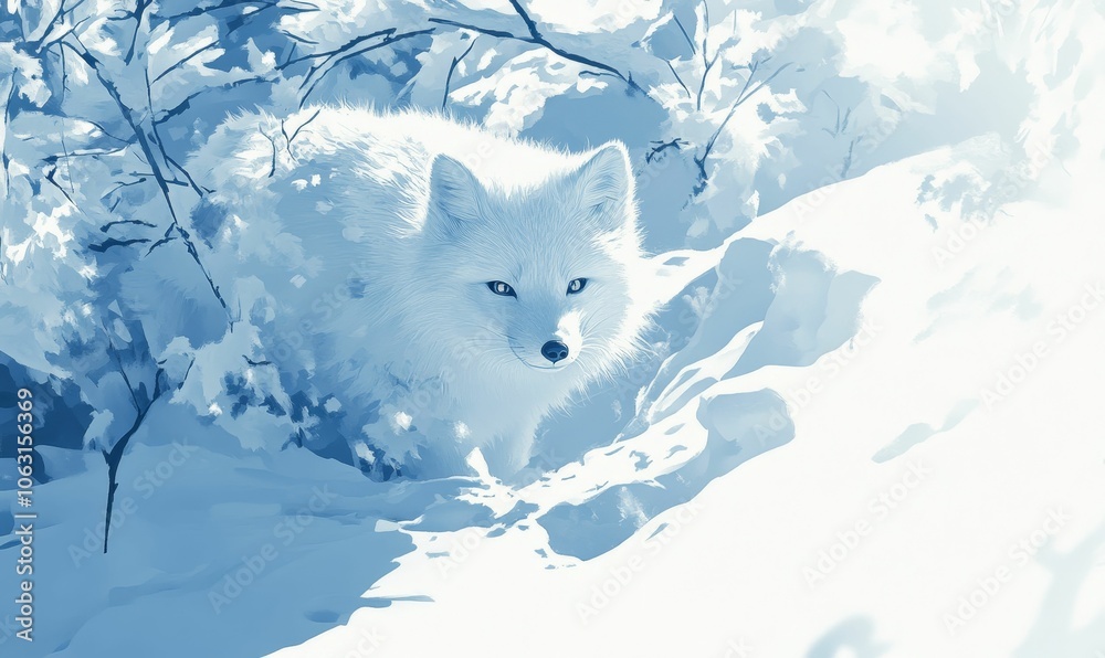 Fototapeta premium White fox peering from snowy landscape.