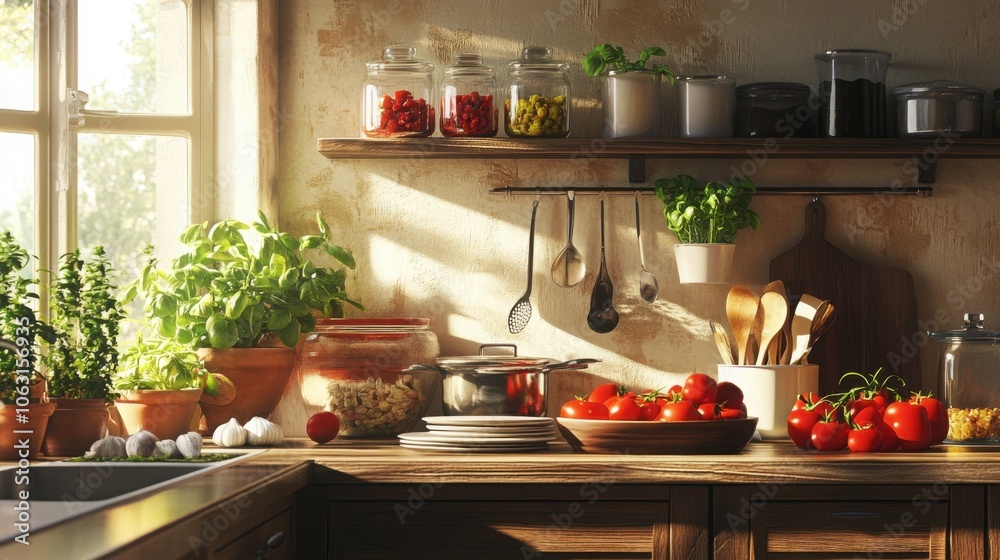 Italian kitchen filled with fresh ingredients like tomatoes, basil, garlic, and olive oil Italian kitchen filled with fresh ingredients like tomatoes, basil, garlic, and olive oil