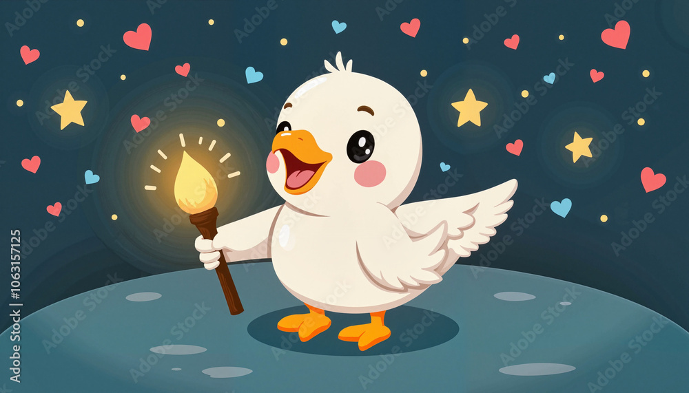 Cute Cartoon Duck Holding Torch with Stars and Hearts Cute Cartoon Duck Holding Torch with Stars and Hearts