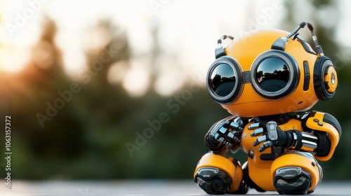 A cute, orange robot sits pensively with oversized headphones on, amidst a picturesque sunset, evoking a sense of curiosity and innocence in futuristic design.