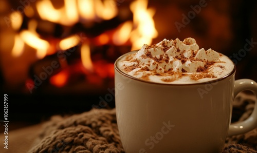 Cinnamon-spiced coffee with whipped cream near a fireplace.