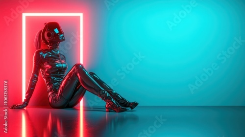 A figure, suited in reflective material, reclines elegantly against a radiant red portal, poised between the realms of the virtual and the physical in brilliant neon hues. photo