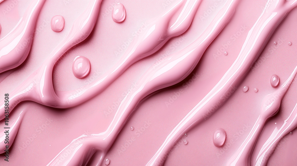 Close-up of glossy pink creamy texture with smooth swirls and droplets, resembling cosmetic or skincare product, featuring a shiny and reflective surface. Close-up of glossy pink creamy texture with smooth swirls and droplets, resembling cosmetic or skincare product, featuring a shiny and reflective surface.