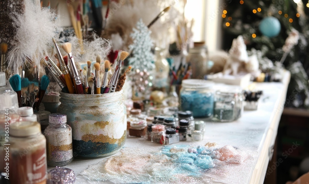 Paintbrushes and jars of glitter on a table.