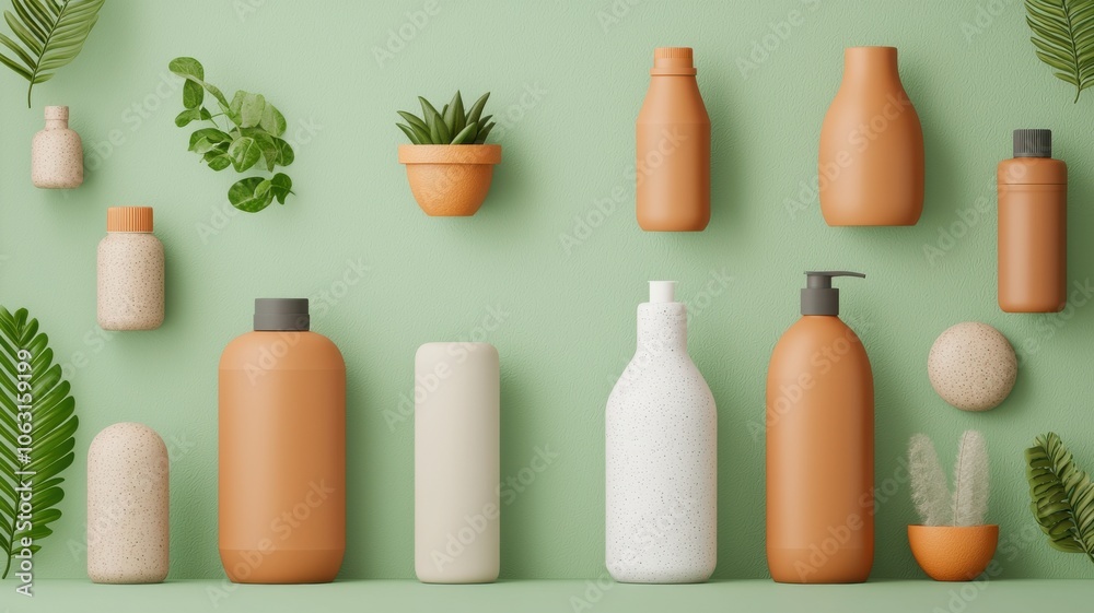 An arrangement of minimalist skincare and cosmetic bottles on a green background, accentuated with foliage for a fresh, eco-friendly look. An arrangement of minimalist skincare and cosmetic bottles on a green background, accentuated with foliage for a fresh, eco-friendly look.