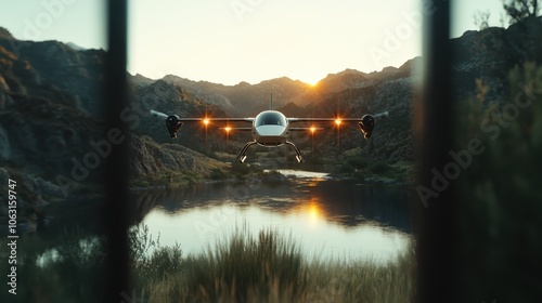 An advanced drone captures stunning views as it navigates a beautiful mountain terrain during a breathtaking sunset, blending natural beauty with modern technology. photo