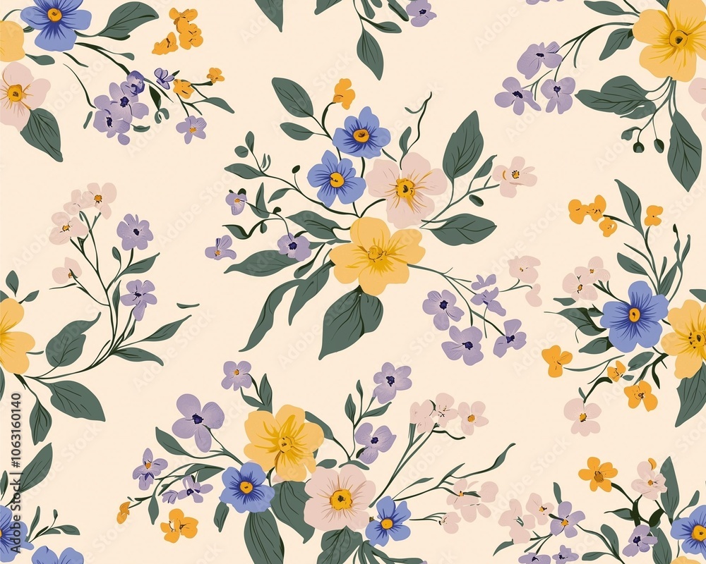 A delicate floral pattern featuring a variety of blooms in soft colors on a light background, perfect for textiles or home décor. A delicate floral pattern featuring a variety of blooms in soft colors on a light background, perfect for textiles or home décor.