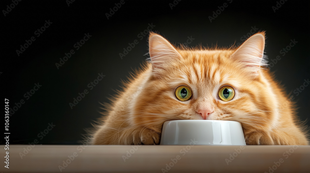 A curious ginger cat stares intently at its food bowl in a cozy indoor setting during evening hours A curious ginger cat stares intently at its food bowl in a cozy indoor setting during evening hours